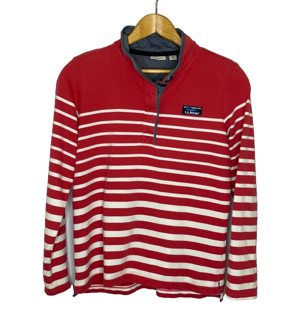 Women's Small L.L.Bean Striped Soft Cotton Rugby Henley Pullover Red White